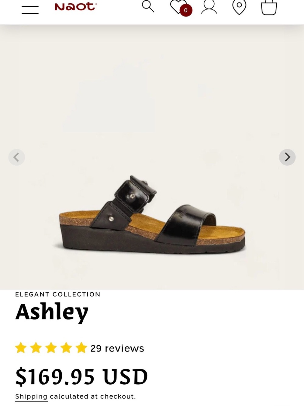 Naot Ashley Black Leather Two-Strap Slide, Size 7.5/38